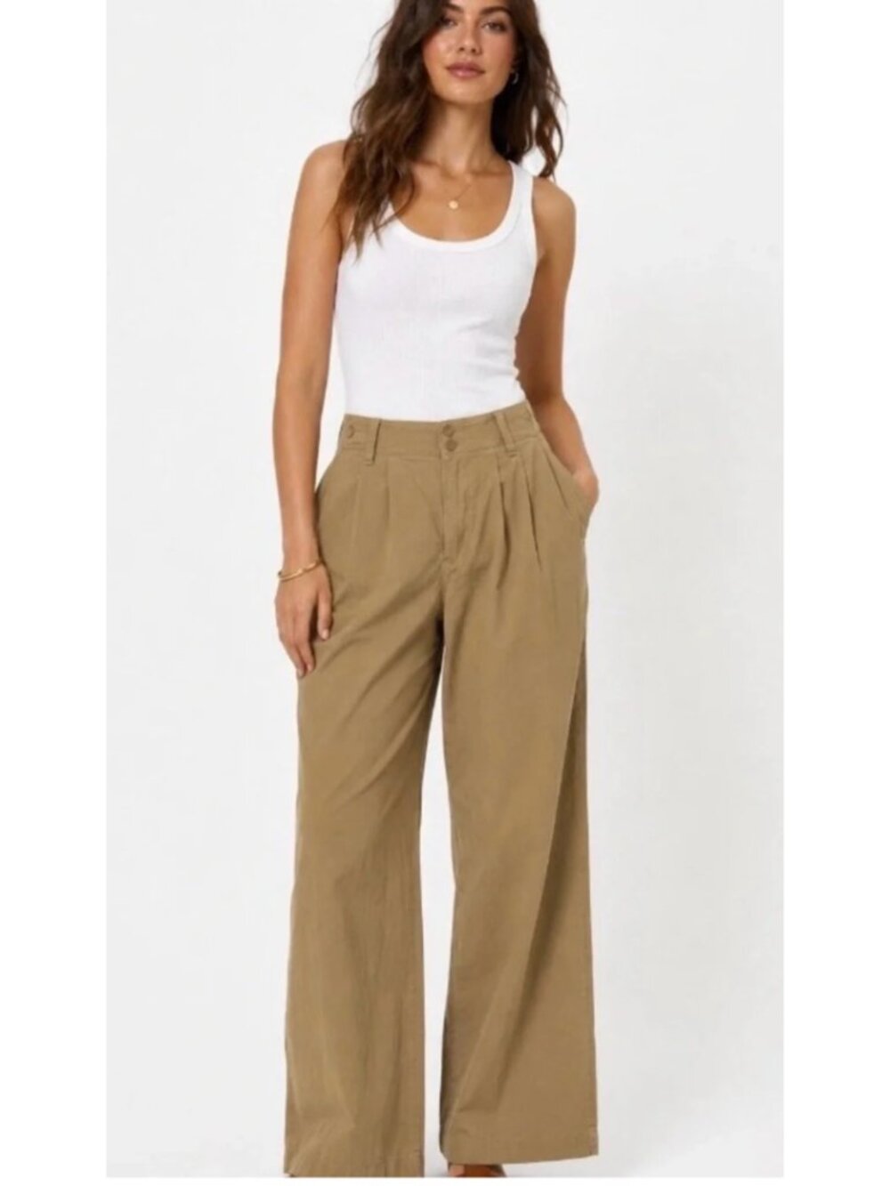 Madewell Harlow Wide-Leg Pleated Pants Beige Khaki Size 12